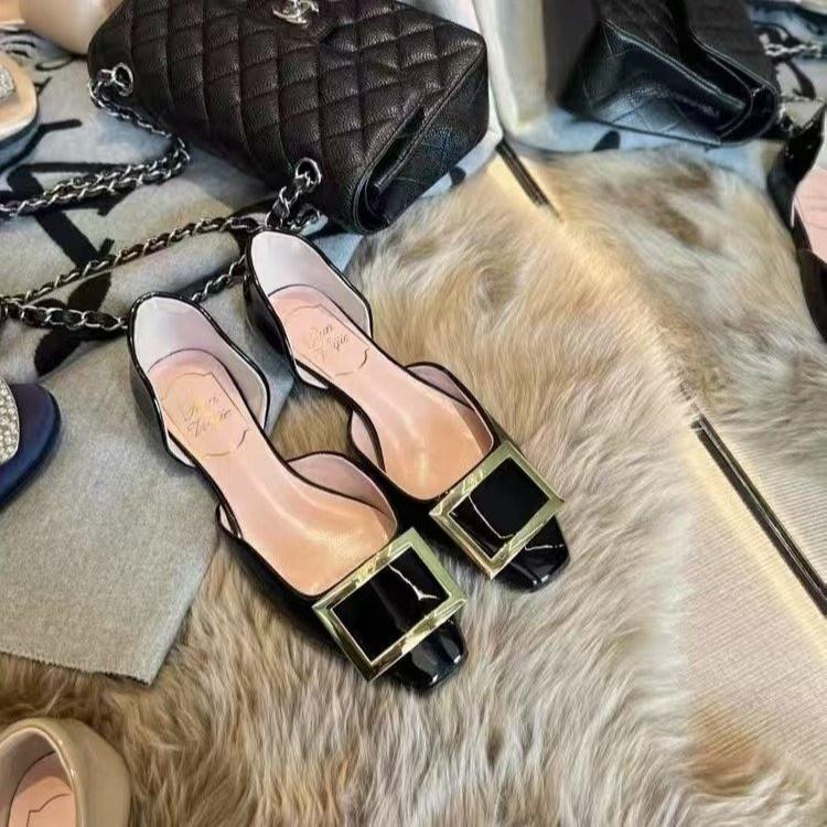 Fashion Single Shoes Commuter RV Square Buckle Patent Leather Square Head Shallow Mouth Hollow Flat Bottom Women's Single Shoes Versatile Low Heel