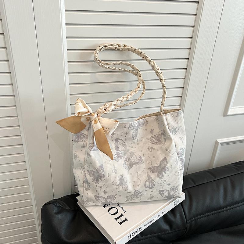 Chic Butterfly Print Faux Leather Tote Bag for Women, Woven Texture Shoulder Underarm Bag, Casual Daily Commute Handbag