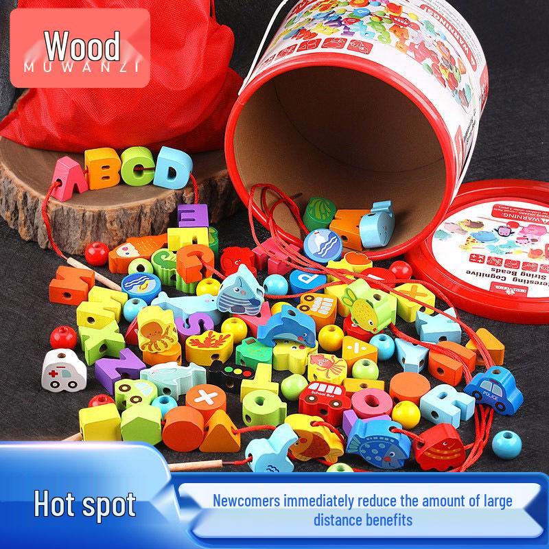 

Wooden Alphabet & Number Bead Game: City, Traffic, Fruit & Veggie Themes for Kids.