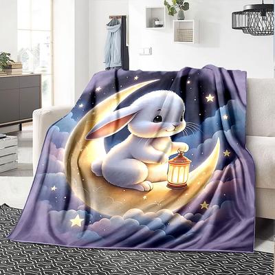 1pc Rabbit Moon Blanket Lightweight Flannel Throw for Sofa Bed Travel Camping Livingroom Office Couch Chair