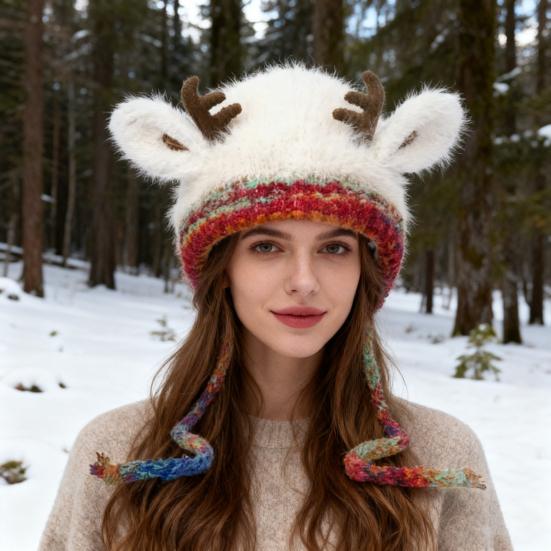Vánoční čepice s parohy a ochranou uší, dvoufunkční design, ručně pletená slavnostní zimní čepice, kabelka, sváteční dekorace