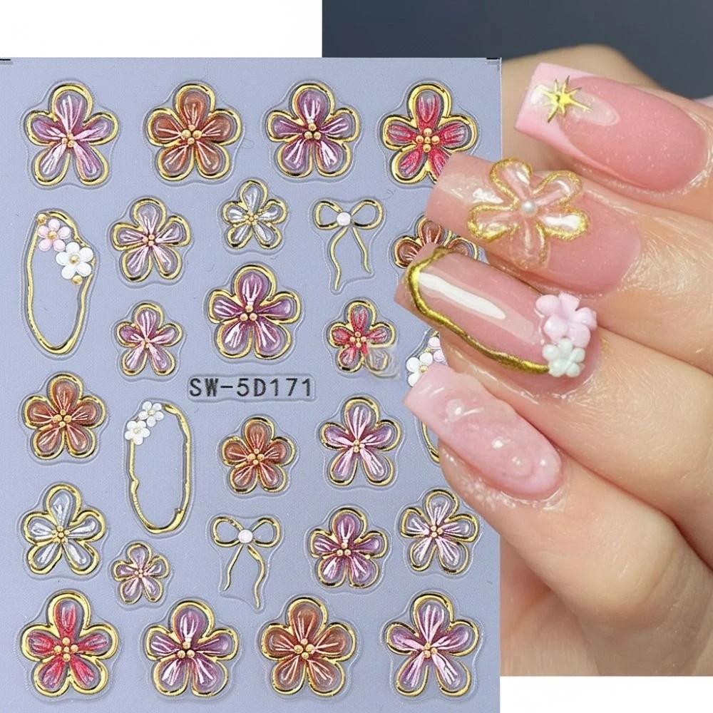 French Embossed Nail Stickers Waterproof White Pink Petals 3D Nail Art Decals Lily Petal Design Gold Line French