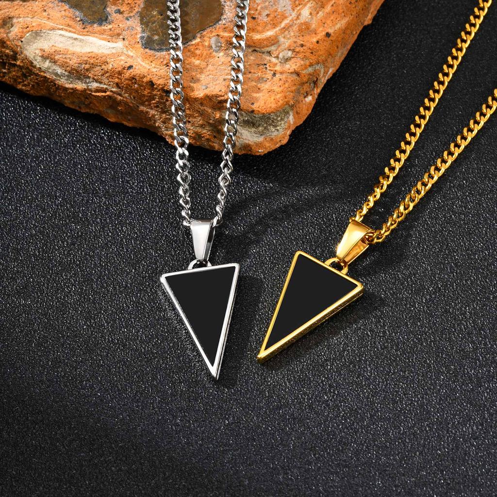 Geometric Triangular Black Agate Pendant Necklace,Stainless Steel Natural Stone Necklace for Men, Minimalist Trendy Jewelry Gift