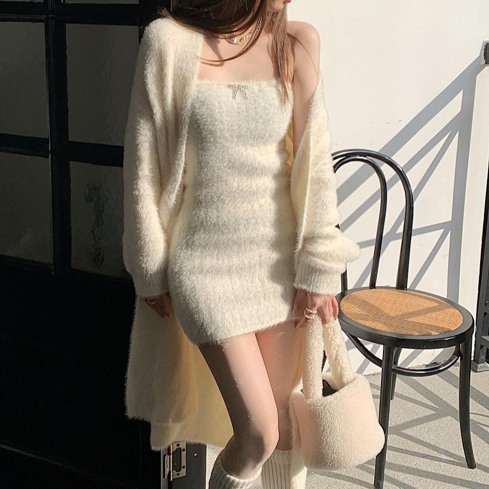2ks Zimní sladké plyšové šaty bez ramínek Pletené fleecové šaty + fleecová bunda, dvoudílná