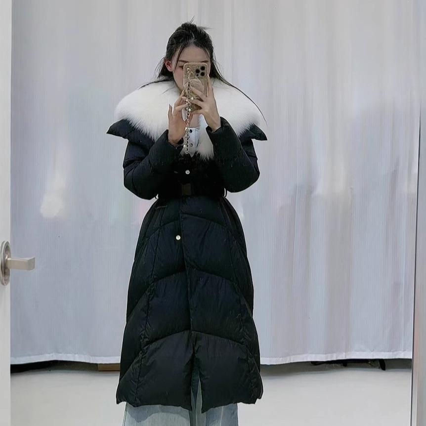 2024 winter new real fox fur collar 90 white goose down long down jacket waist thin foreign coat women