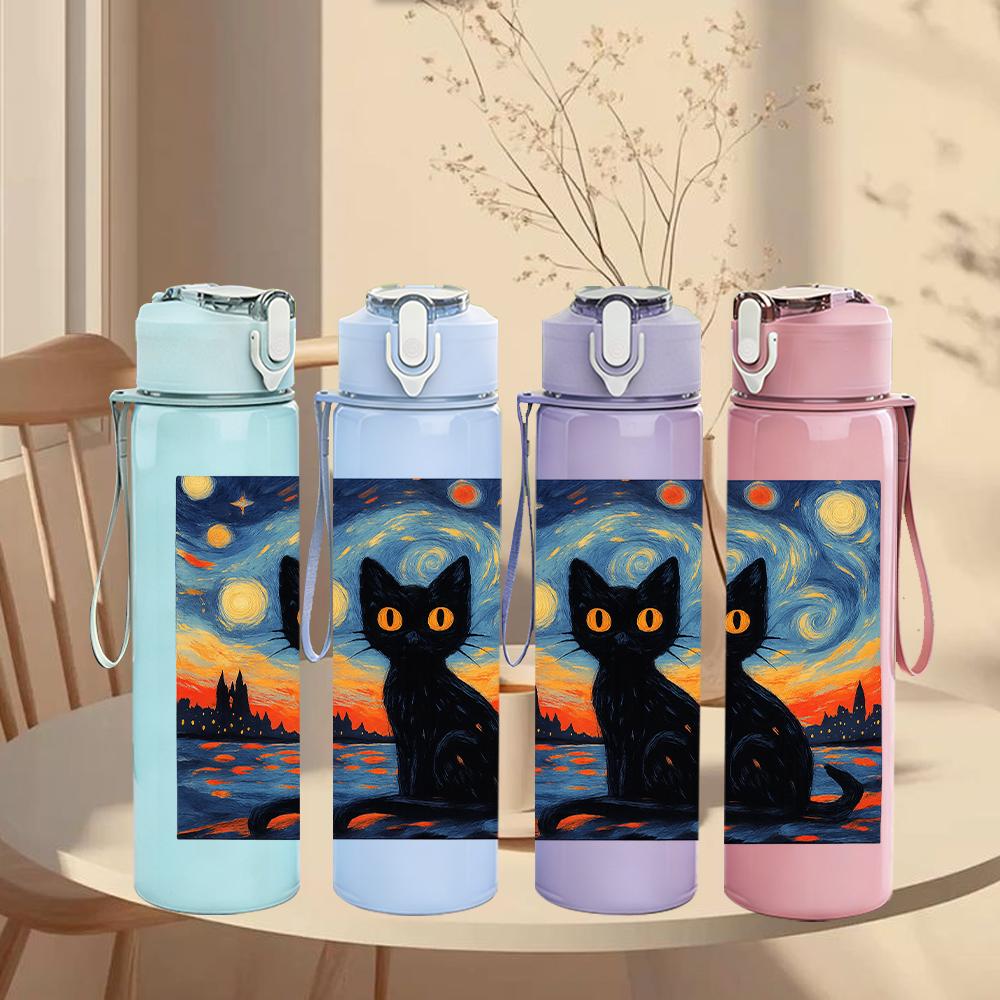 1PC Starry Night Black Cat 750ml Color Plastic Sports Water Bottle Leakproof Flip Straw Lid For Sports Office Home Use