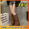 Soft leather stacked pointed thick heel boots new double row rivet buckle western knight boots fashionable women