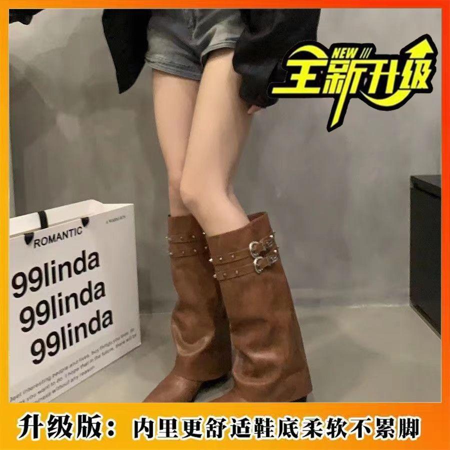 Soft leather stacked pointed thick heel boots new double row rivet buckle western knight boots fashionable women