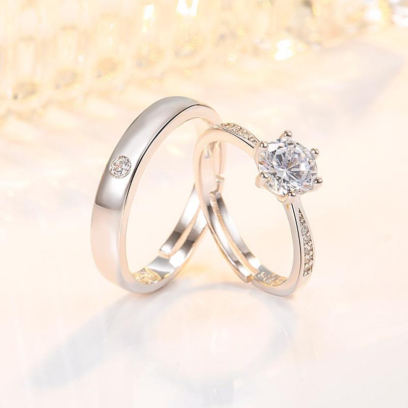 Simple Zircon Crystal Couple Wedding Ring Men and Women Proposal Engagement Adjustable Open Ring