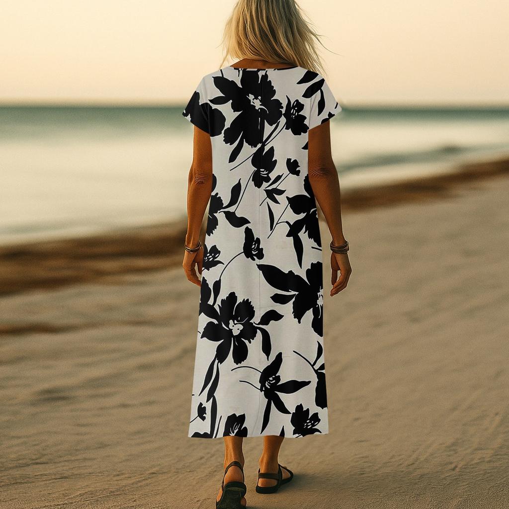 Summer Dress Women's Long Boho Beach Dress Elegant Maxi Dress V-Neck Short Sleeve Summer Tunic Dress Light Airy
