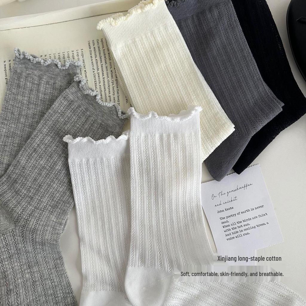 Women's Cotton Breathable Mesh Lace Socks - Elastic, Seamless, Sweat-Absorbent, Mid-Calf Length