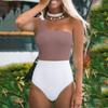 Women Swimwear Block Color One-Piece Swimsuit One Shoulder Bowknot Bathing Suit