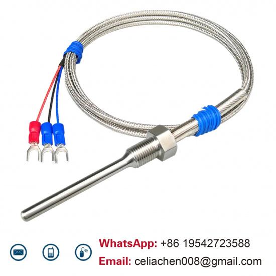 Stainless Steel Threaded Pt100 Temperature Sensor Probe Waterproof High‑Temp RTD (-50°C- 420°C) Industrial Armor Cable 3‑Wire