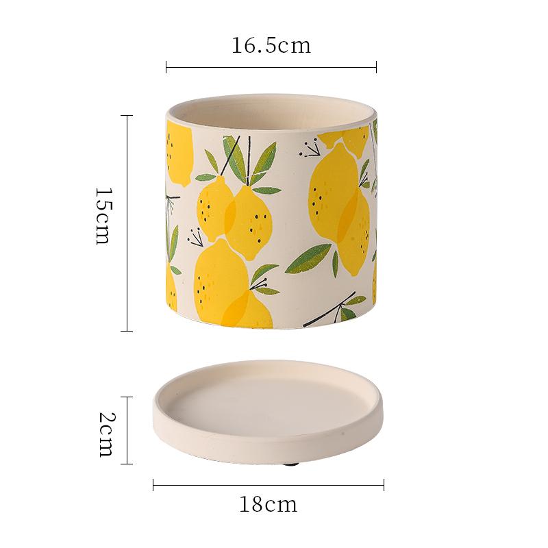 Creative Cartoon Fruit Ceramic Flower Pot Plant Flower Pot with Tray Cylindrical Countertop Flower Pot Living Room Garden Decor