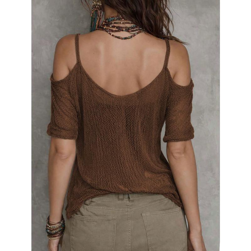 Women S Solid Mesh Cold Shoulder Knit Top Short Sleeve Summer