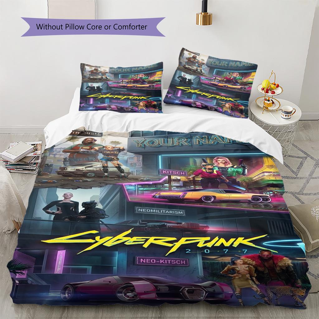 Name Custom Cyberpunk 2077 Pattern Bedding Set Quilt Cover Pillowcase Home Decor Gift (1 * Duvet Cover + 2 * Pillowcase, Without Core)