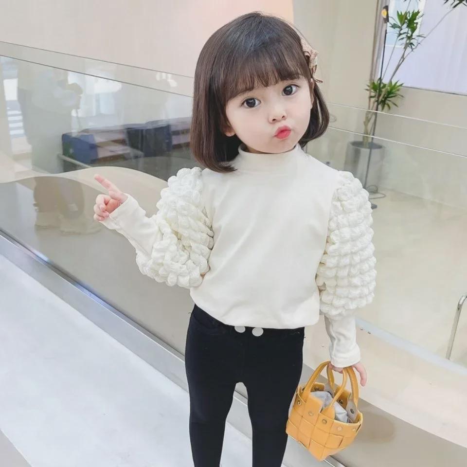 Girls' Thickened Puff Sleeve Long-Sleeve T-Shirt, Half-High Collar, Spring/Autumn , Baby & Toddler Top