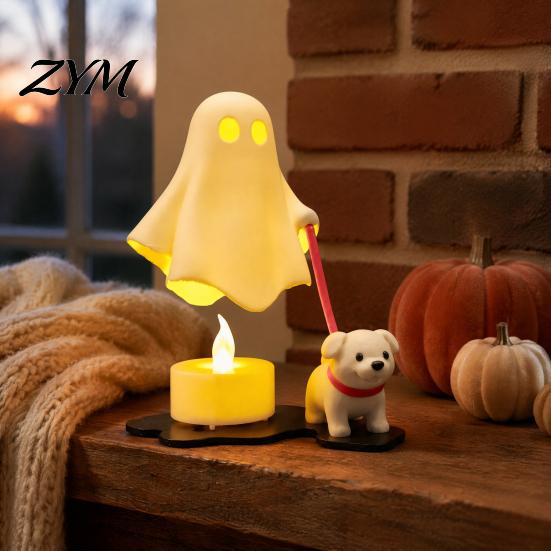 3D Printed Home Decor Halloween Ghost Walking Dog Figurine, Cute Spooky Statue with Modern Bedroom Shelf LED Candle, Tabletop Ornament for Holiday