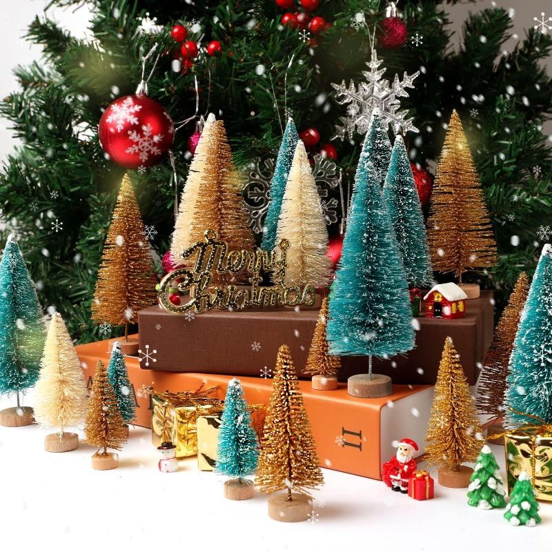 S/M/L Mini Christmas Tree Tabletop Ornaments with Wood Base DIY Crafts Artificial Sisal Pine Xmas Tree Party Decor Wholesale