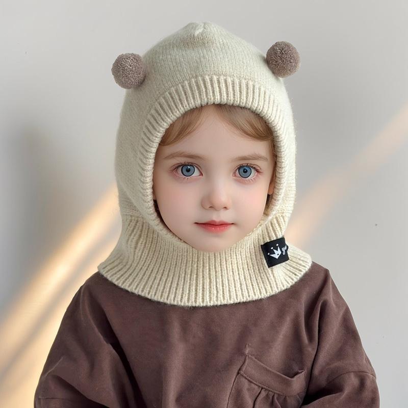 2Pcs Cute Baby Balaclava Hat Winter Warm Toddler Ear Protection Cap Scarf Cartoon Pompom Kids Boys Girls Knit One-piece Beanies