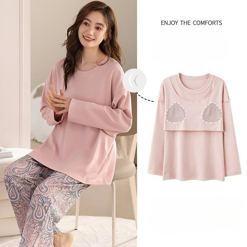 Pajamas with Chest Pads, Women's Spring and Autumn Long-sleeved Cotton Round Neck, Loose, Comfortable and Casual, Can Be Worn Outside Home Service