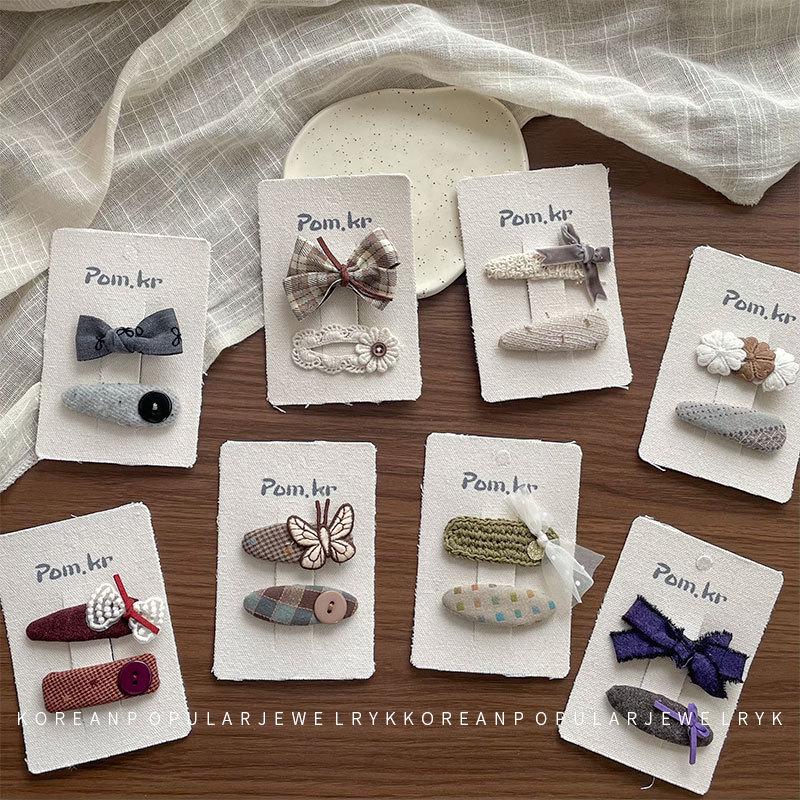 Korean Plaid Oval Hair Clip with Butterfly Bow and Lace Edge for Children