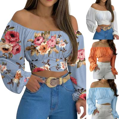 Flower Print Cross Strap Exposed Navel Women Blouse Off Shoulder Lantern