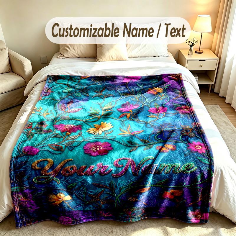 Floral Garden Theme Soft Blanket Personalized Custom Name Text Print Warm Blanket Home Sofa Bedroom Decor