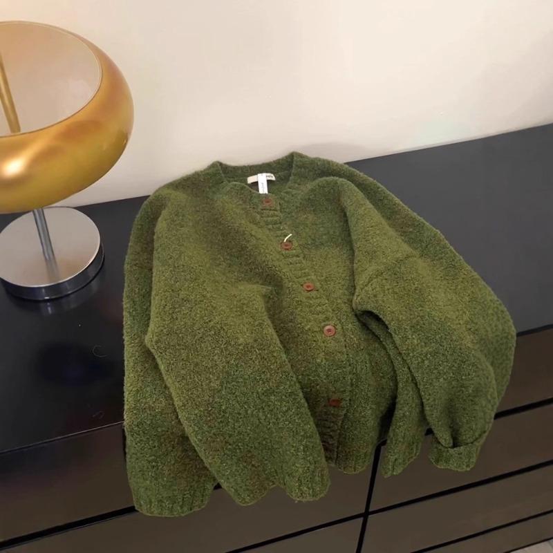 Retro avocado green crew neck knitted cardigan women's autumn and winter soft waxy loose thickened sweater jacket premium top
