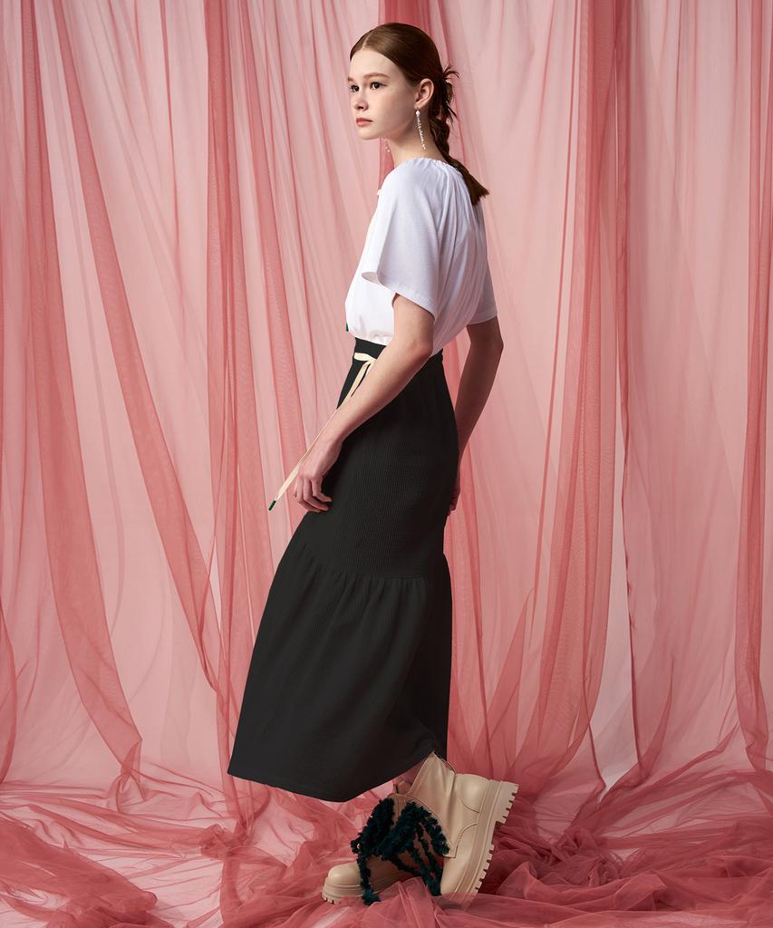 Pelimela Seersucker Flare Long Skirt (Black)