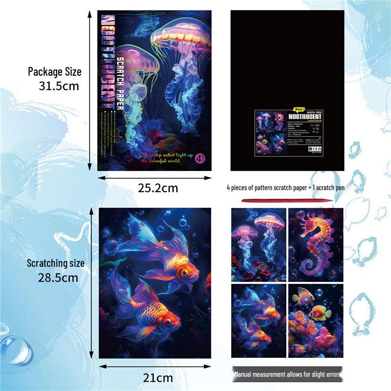 A4 Glow-in-the-Dark Scratch Painting Book: Colorful Butterflies, Whales & Sand Art.