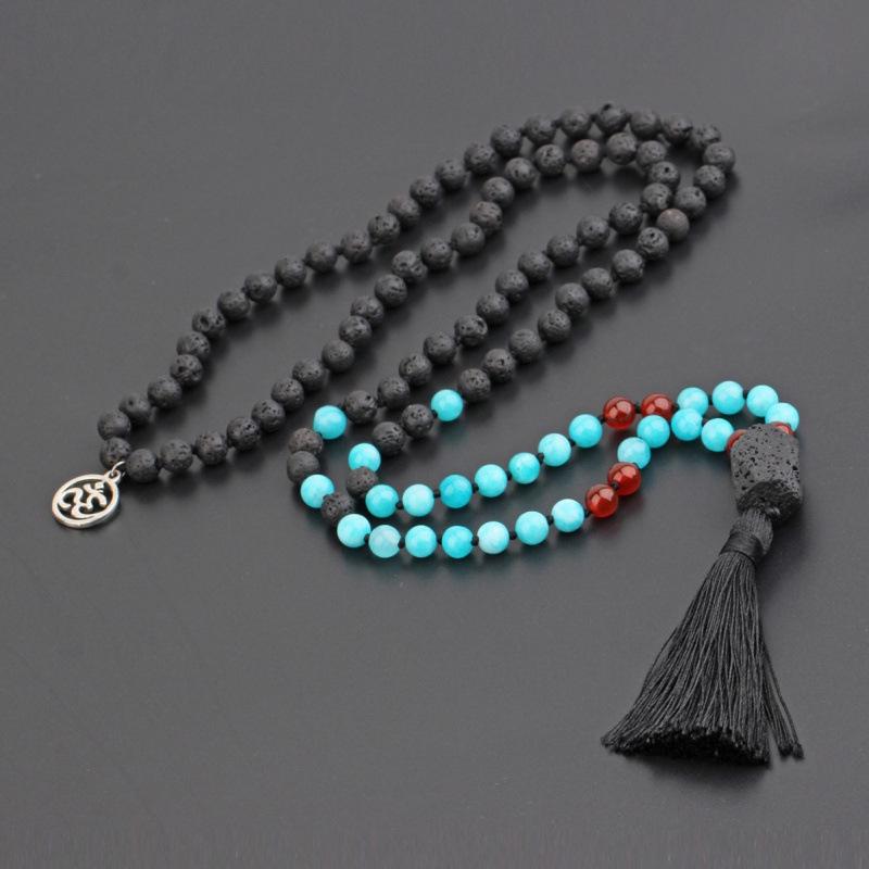 Volcanic Stone 108 Beads Prayer Necklace with Tassel - Long Sweater Chain