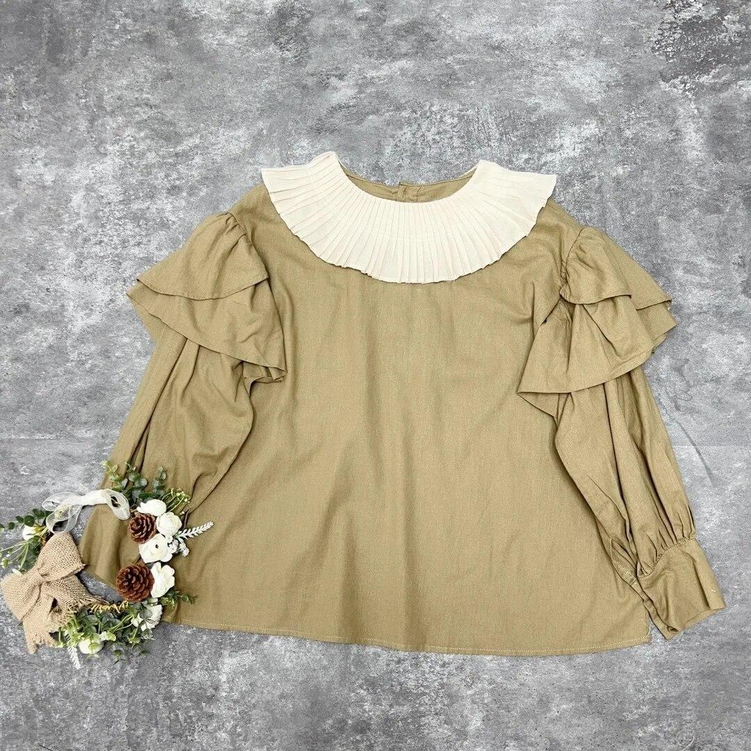 

Johnature Повседневные рубашки с рюшами и воротником с длинными рукавами, осенние простые универсальные свободные японские рубашки с воротником-стойкой Mori One Size хаки