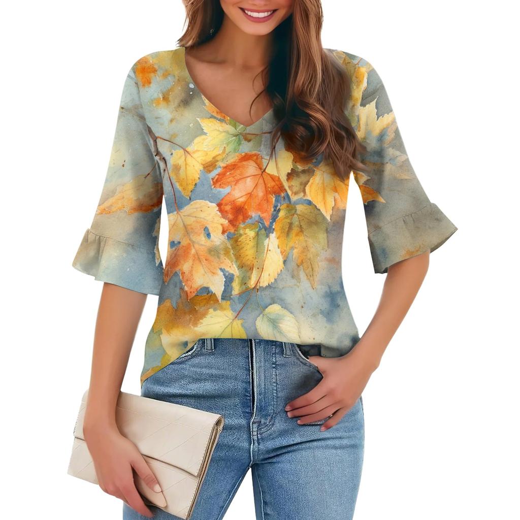 Damen Casual Fashion V-Ausschnitt Pullover Lose Pendeln Floral Fünf-Punkt-Ärmel T-Shirt Top