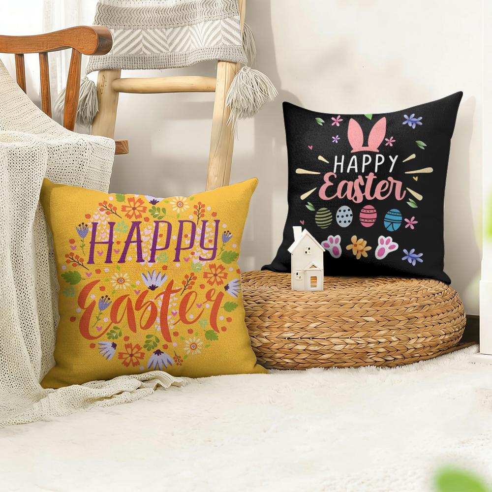 Happy Easter Cushion Cover Natural Linen Organic Fabric Double-Sided Printing Sofa Home Decor Gift Pillow Cover