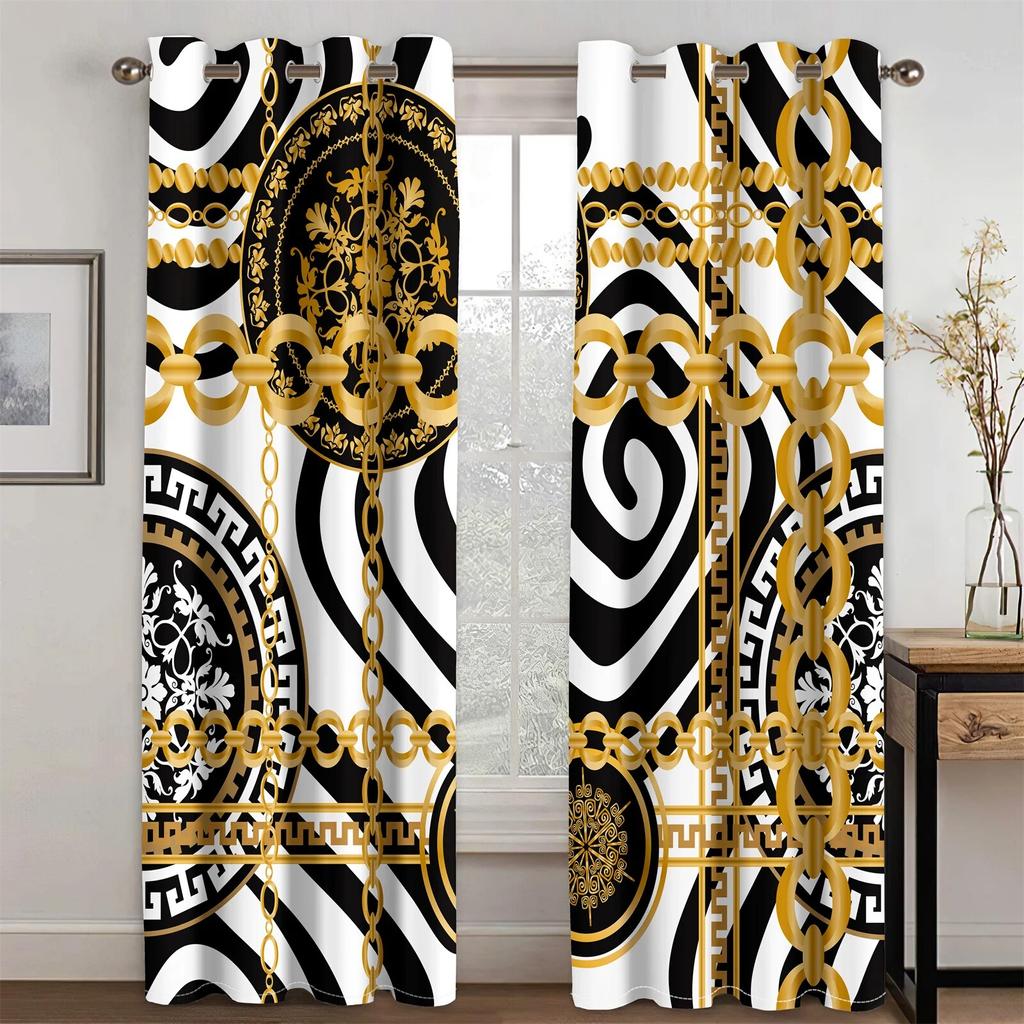 Modern Luxury Black White 2Pcs Window Curtain For Living Room Bedroom Grommet Shading Decor