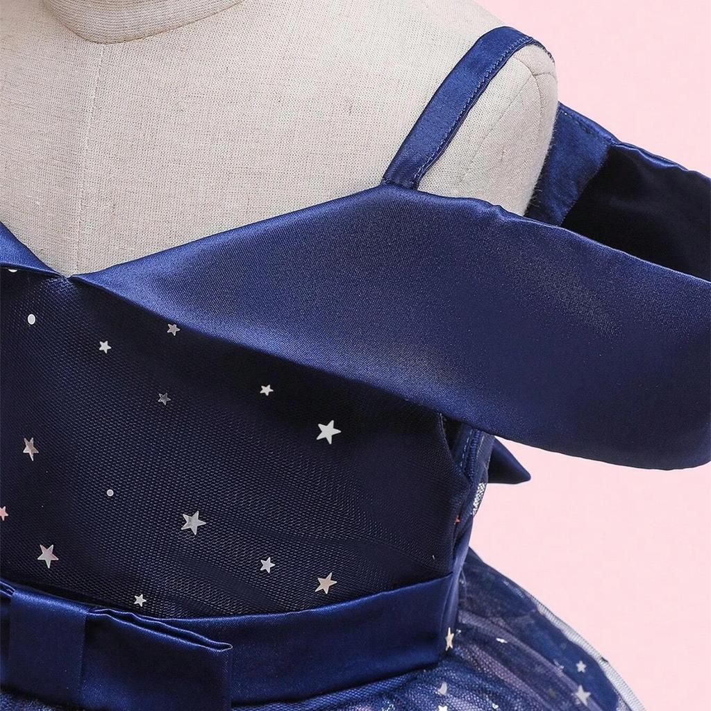 Toddler Girls Cold Shoulder Galaxy Mesh Party Dress Casual Dresses Kids Princess Pageant Gown Christmas Party Paillette Wedding Dress