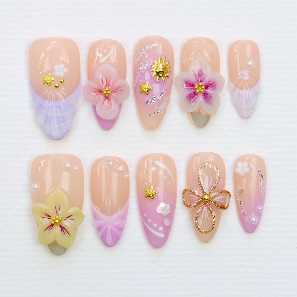 10Pcs 3D Beautiful Handmade Manicure Press On Nails, Acrylic Fake Handpainted Flowers Custom Design Adhesive Nail File Set