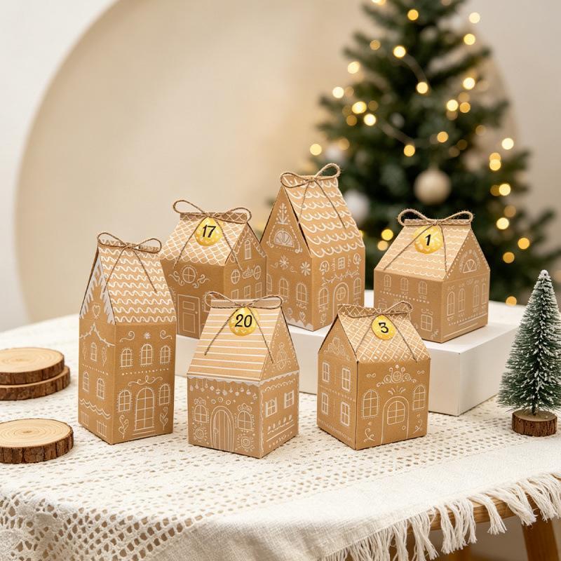 24Pcs Kraft Paper House Shaped Gift Box Christmas 24-Hour Countdown Candy Gingerbread Packaging Box Christmas Advent Calendar