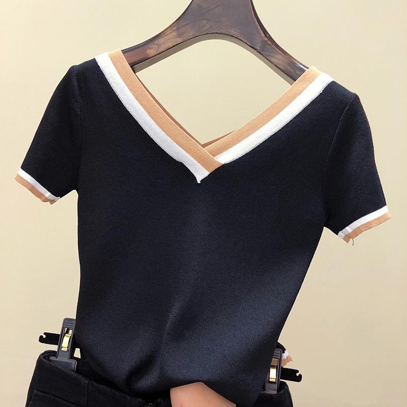 V-Ausschnitt T-Shirt Damen T-Shirt Kontrastfarbe Gestreift Gestrickt Sommer Top T-Shirt Frau Kleidung T-Shirt Femme Camisetas Mujer