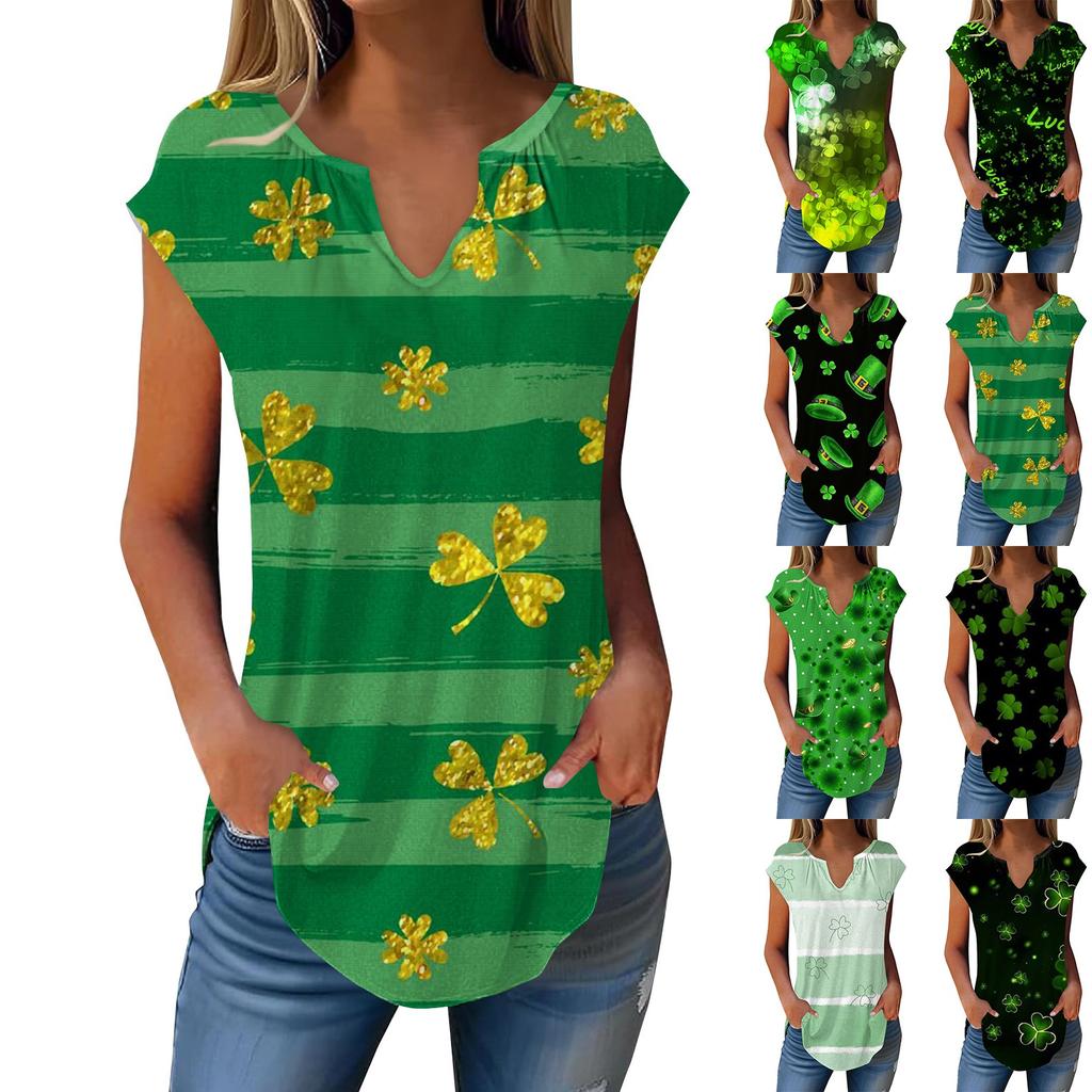 T-skjorter med sommerhette for kvinner Trendy Løs Uformell Dressy V-hals Plisserte tunikaer Tank-tops