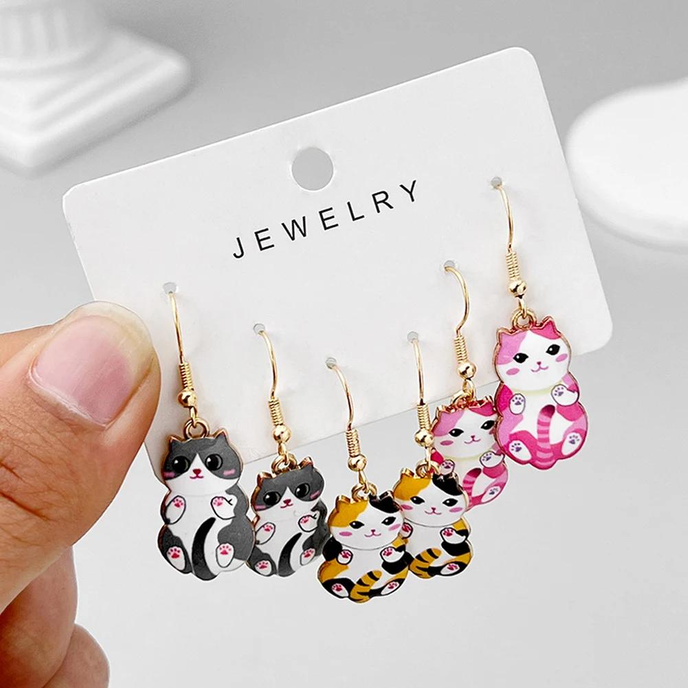 3 Pairs Fun and Cute Enamel Alloy Hanging Tail Cat Dangle Earrings Colored Cat Ear Jewelry Set Lovely Gift for Women Girls