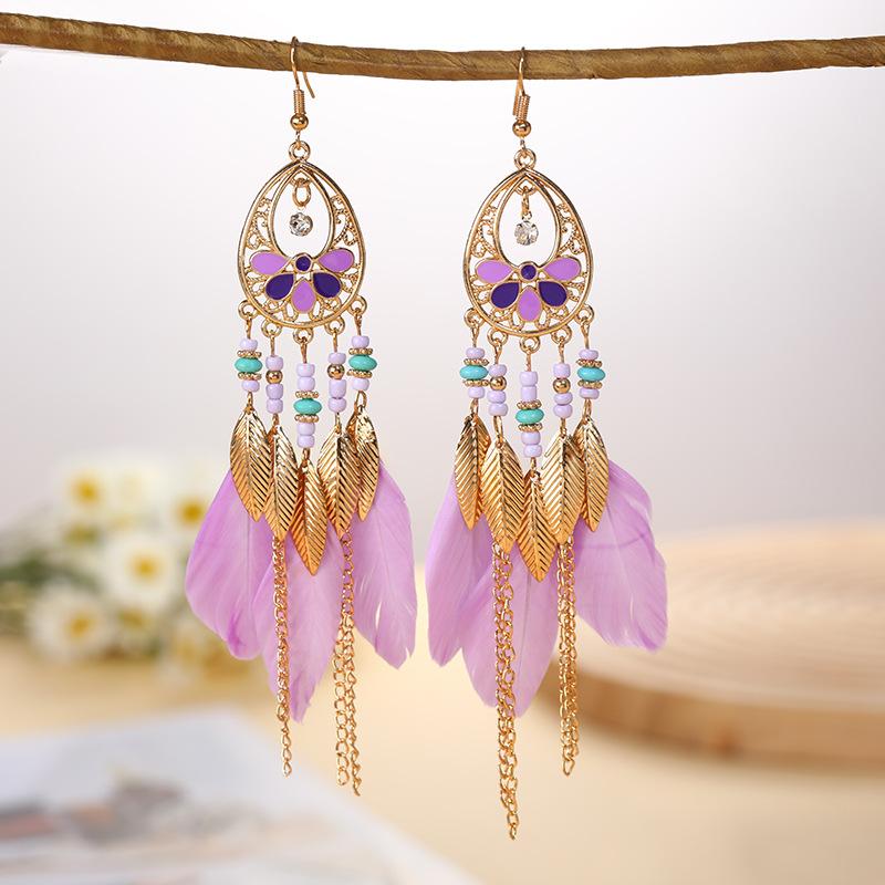 Fashion Vacation Style Bohemian Feather Earrings for Women Ethnic Long Chain Bead Leaf Dangle Earrings Party Daily Jewelry