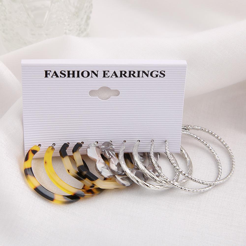 5-Pair Retro Leopard & Floral C-Shaped Earrings Set - Creative Personality Silver Hoops