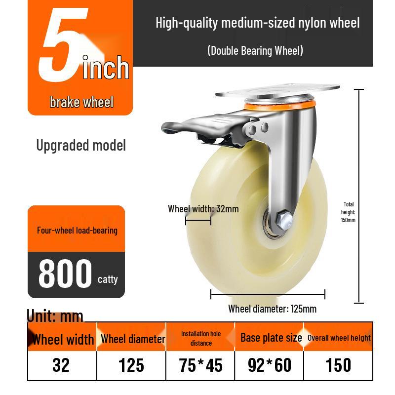 Light to Medium Duty Nylon Swivel Casters with Brake - 3", 4", 5" Sizes Available for Trolleys