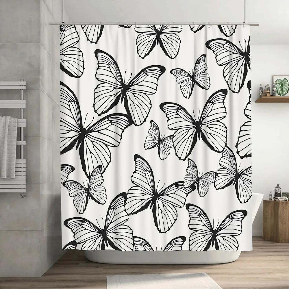Black White Butterfly Printed Waterproof Shower Curtain Set for Bathroom Decor Home Textiles
