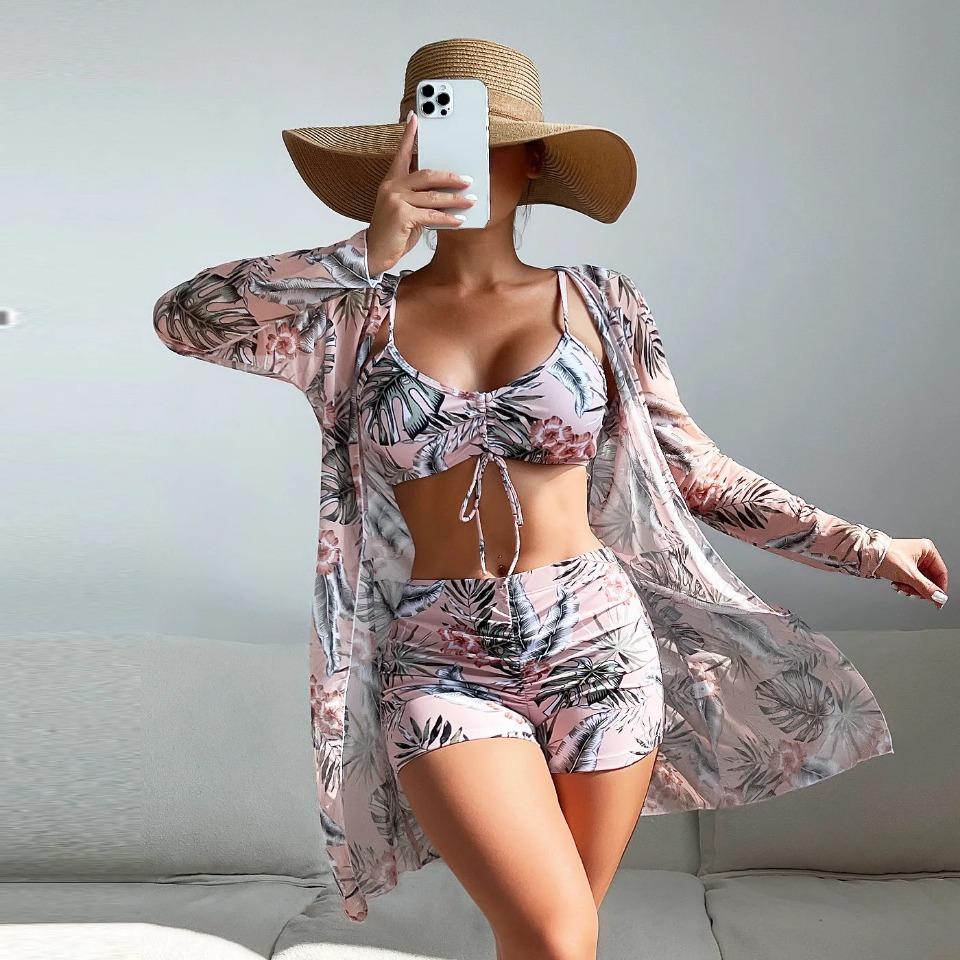 Msfilia Women's Swimsuit Split Three Piece Set High Waist Long Sleeve Ins Overshirt Drawstring Printed Bikini Suits