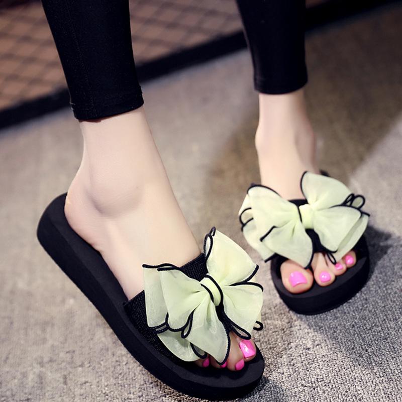 New Ladies Korean Bowknot Thick Bottom Height Increasing Sandals - Non-slip Flat Bottom Herringbone Beach Sandals for Outdoor Casual Wearing