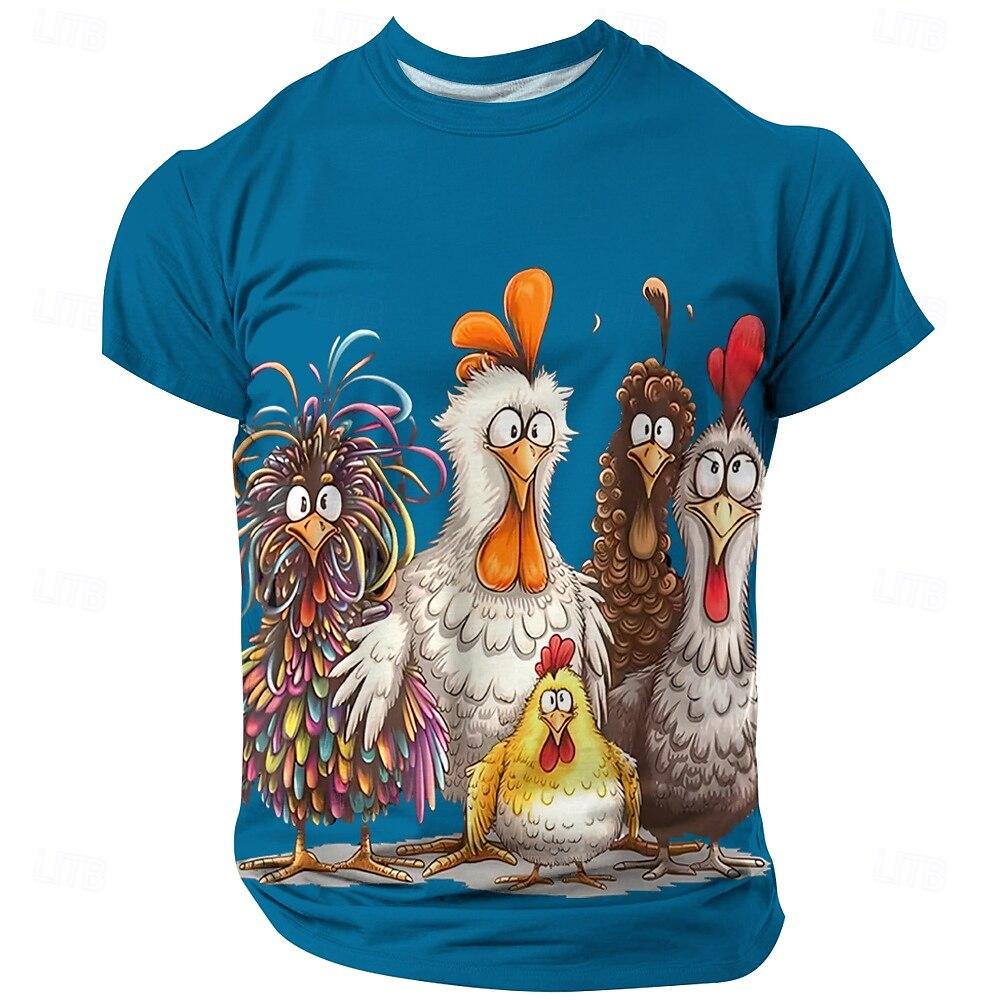 Men's T-Shirt Cartoon Chicken Print Summer Short Sleeve Tops O-Neck Pullover Outdoor Casual Clothing
