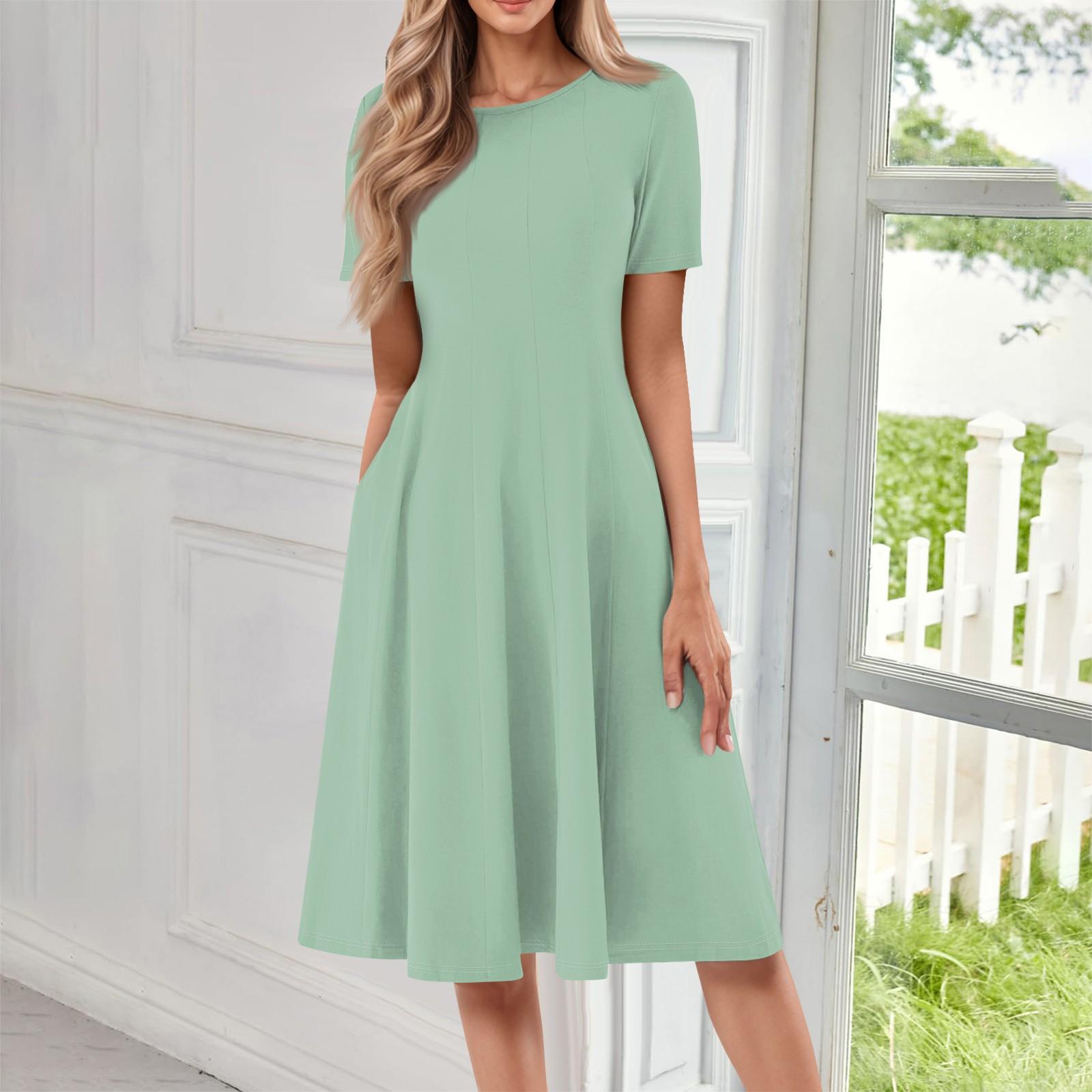 

Жіноча повсякденна модна суцільна сукня середньої довжини з круглим вирізом і короткими рукавами M